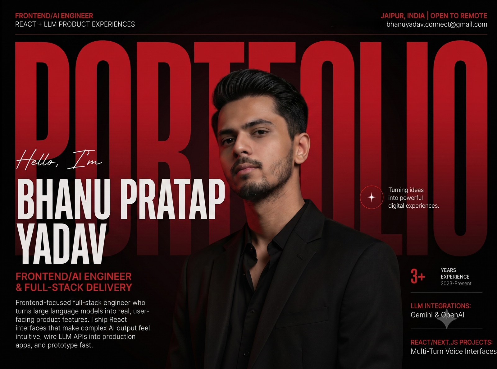 Bhanu Pratap Yadav — Frontend / AI Engineer. React + LLM product experiences. Jaipur, India, open to remote.